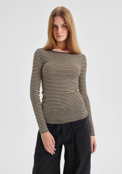 Morri Merino Stripe Round Neck Black/Birch